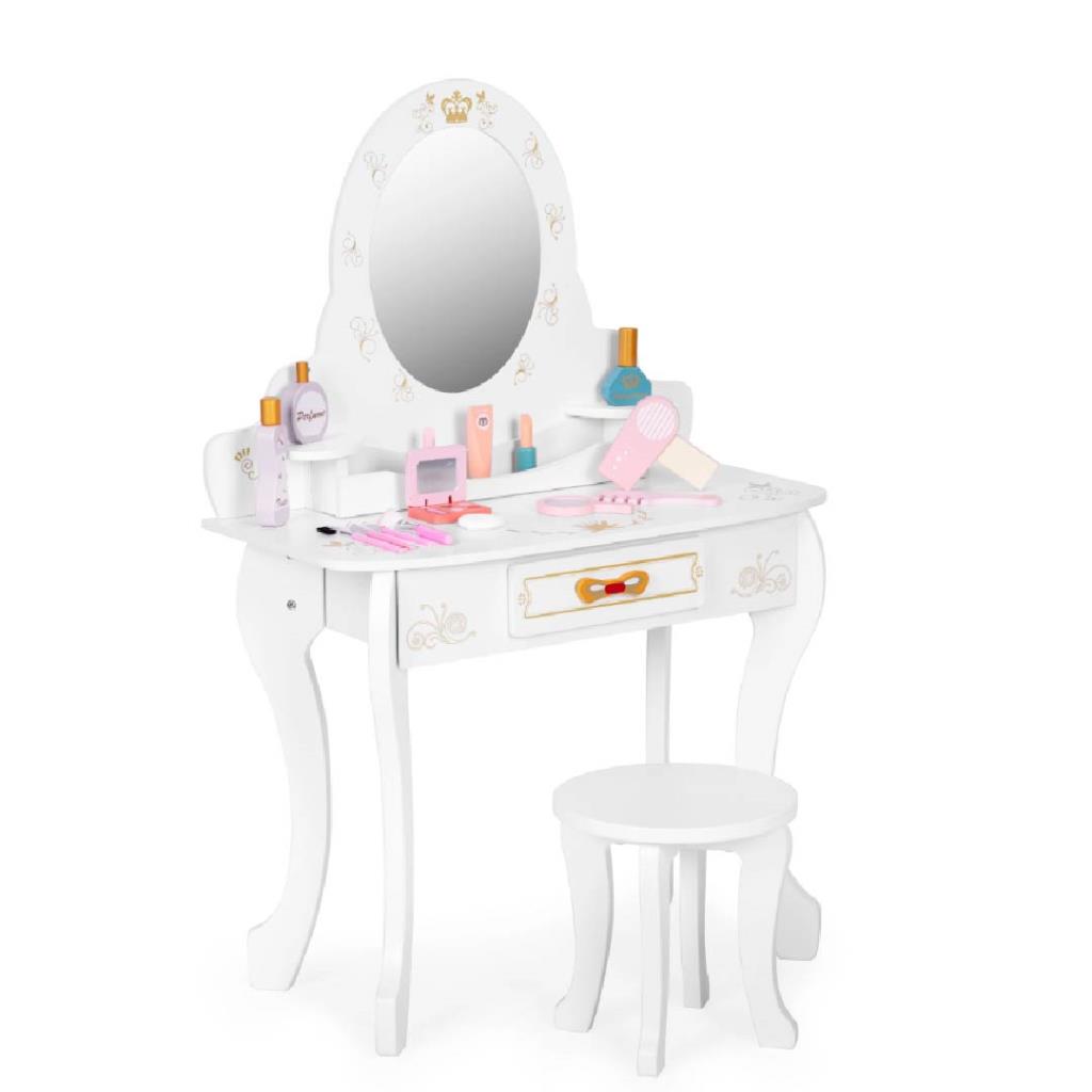 طاولة مكياج خشبية للأطفال – أبيض ملكي مع إكسسوارات